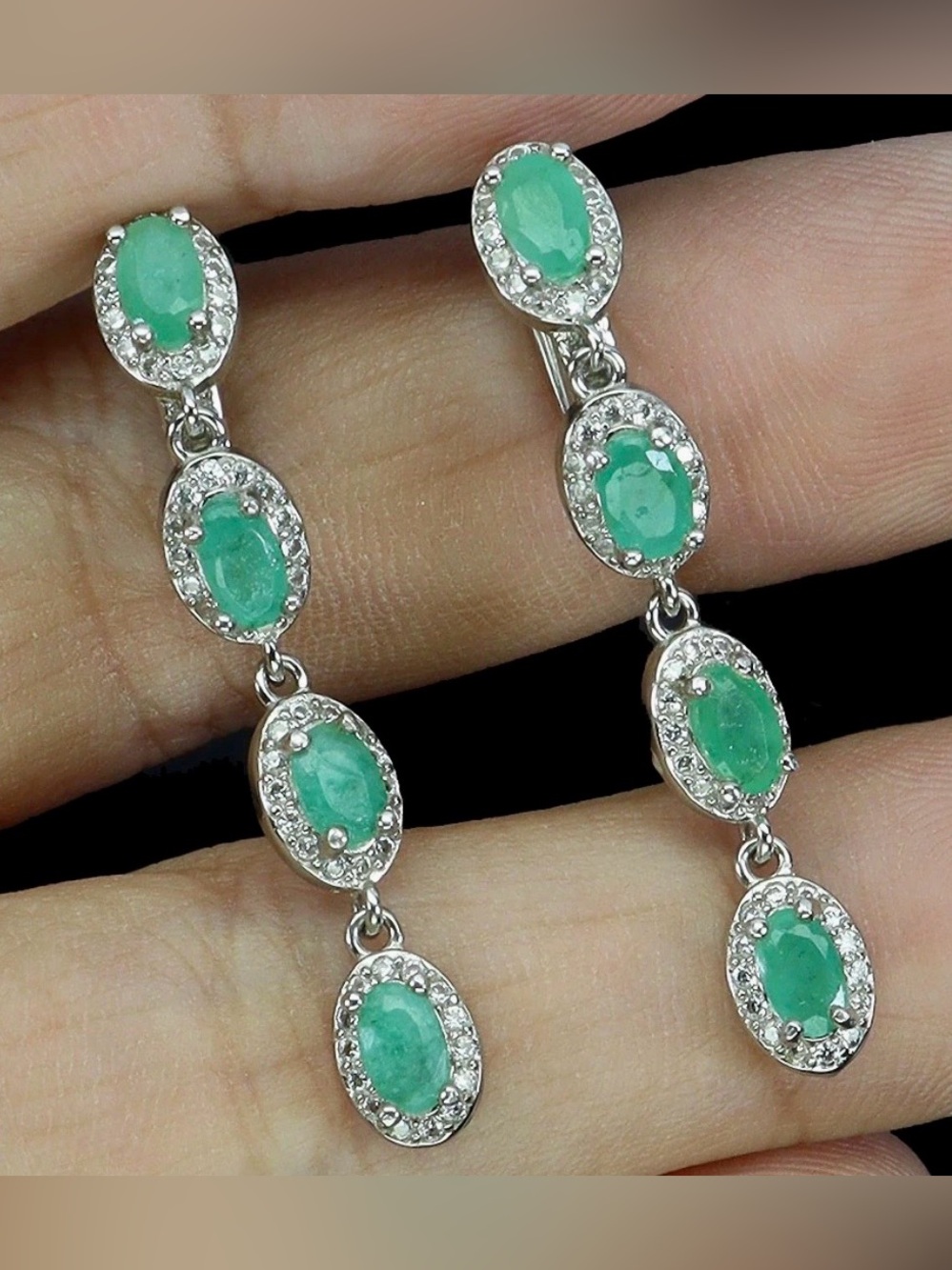 3.81ct Emerald Topaz white Dangle Earrings 925 Silver Genuine Authentic Natural - Picture 8 of 11